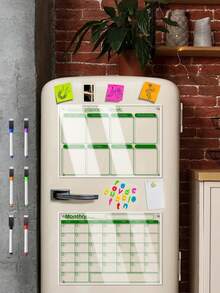Magnetic Transparent Acrylic Refrigerator Message Board, Minimalist Green Line Design, Monthly/Weekly Plan Whiteboard Erasable Home Fridge Memo Board, No-Drill Magnetic Adsorption Monthly/Weekly Schedule Planner (Includes 6 Colored Markers) - Multicolor - View 1