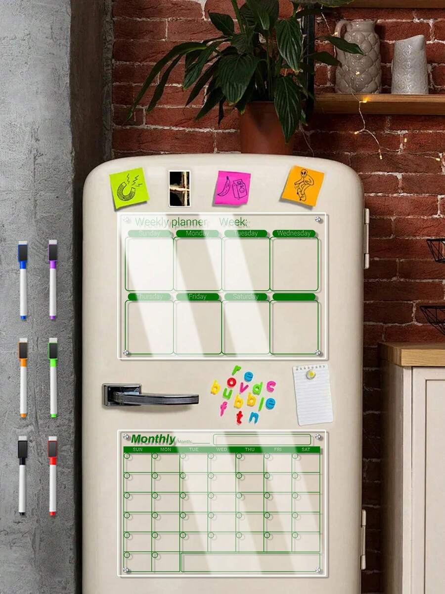 Magnetic Transparent Acrylic Refrigerator Message Board, Minimalist Green Line Design, Monthly/Weekly Plan Whiteboard Erasable Home Fridge Memo Board, No-Drill Magnetic Adsorption Monthly/Weekly Schedule Planner (Includes 6 Colored Markers) - Multicolor - View 1