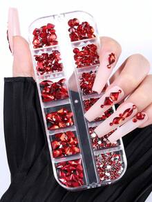 12-Grid Red Iridescent Resin Nail Art Rhinestones, Mixed Heart Butterfly Cat Eye Diamond Crystals In Multiple Sizes Flat Back Round, 3D Shiny Luxury Nail Decor, Suitable For Acrylic Nail Tips DIY Nail Art Decoration - Red - View 6
