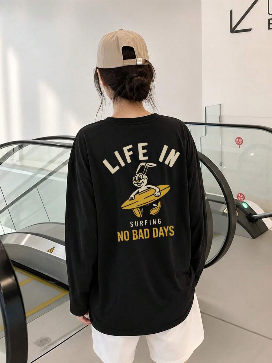 Women's Fashion Autumn/Winter Loose Versatile Cartoon Surfing Rabbit Print Long Sleeve T-Shirt Casual - Black - View 1