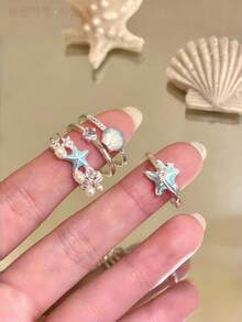 Bộ 3 nhẫn ngón tay xếp chồng hở điều chỉnh được phong cách biển tươi mới, màu xanh đại dương, hình sao biển và vỏ ngọc trai - Nhiều màu - Xem 4