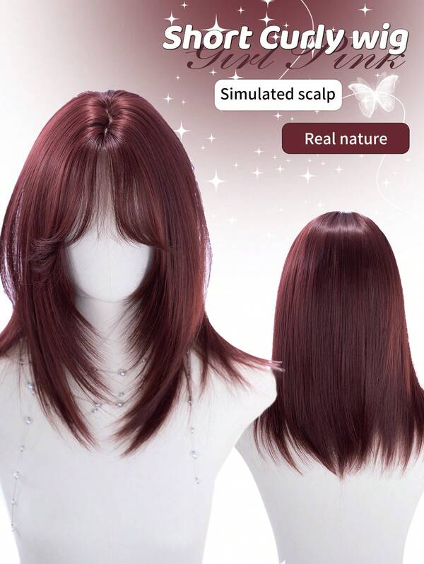 alicegarden 18-Inch Long Synthetic Wig Featuring A Natural Straight Style A Stunning Burgundy. Designed With Bangs , This False Hairpiece Is Perfect For Ms Daily Party Cosplay Use, Offering A Natural And Natural Durable Wig Gift For Ladies.