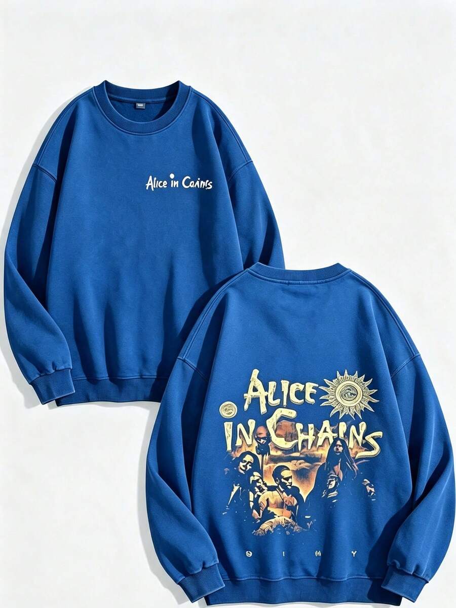 Unisex Y2K "Alice In Chains - Misfit Rock Band" Graphic Cotton Hoodie, Retro Casual Fashionable Daily Soft Warm Hoodies For Streetwear - 藍色2 - 查看 1