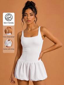 Never me Women's Cross-Strap Tennis Skirt With Lined Shorts And Built-In Pockets, Golf Dress - White - View 4