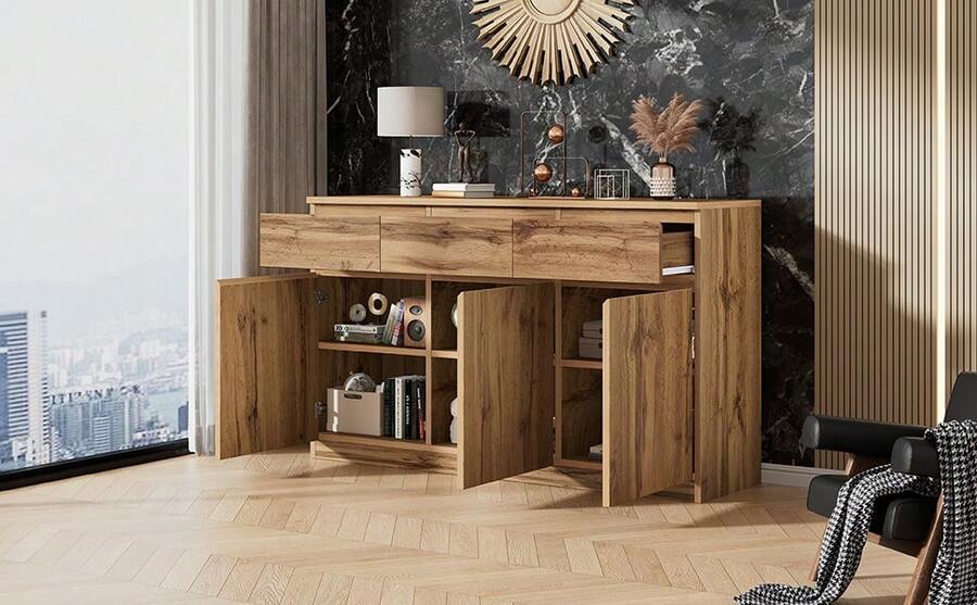 Sideboard With Storage Brown Wooden Multifunctional With 3 Drawers For Dining Room And Living Room - Brown - View 1