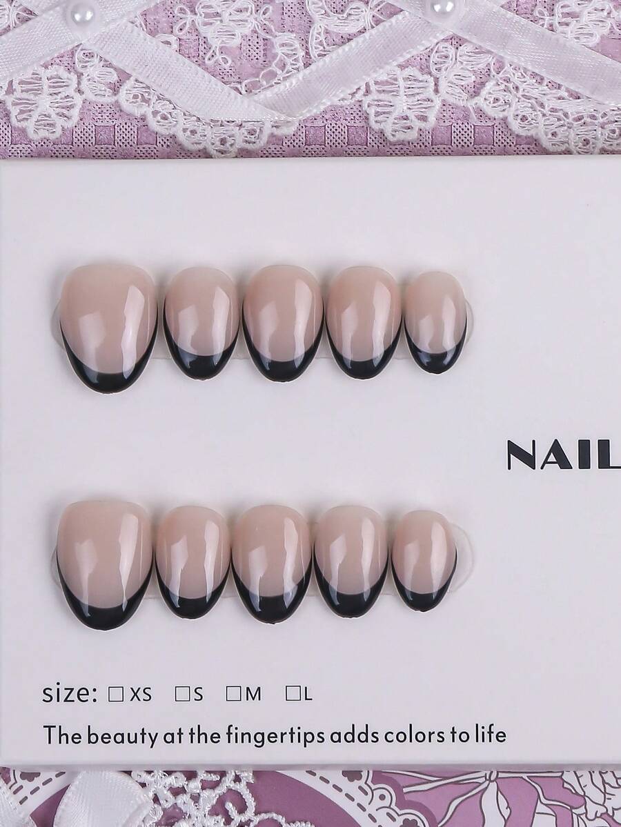 10 Peças Unhas Postiças Quadradas Curtas Feitas à Mão, Nude com Pontas Francesas Pretas, Unhas Falsas Minimalistas & Elegantes, Adequadas para Festa e Uso Diário, Inclui Conjunto de Ferramentas, Presente Requintado para Mulheres - Preto - Visão 1