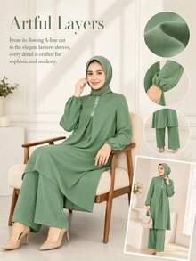 Women's Casual Style Solid Color Round Neck Blouse Top Paired With Loose Pants, Dignified And Appropriate 2-Piece Set Spring Fall - Green - View 5