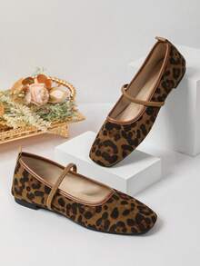 Leopard Print Mary Jane Flats, Elastic Strap Design, Vintage Y2K Women's Ballet Shoes - Brown - View 9