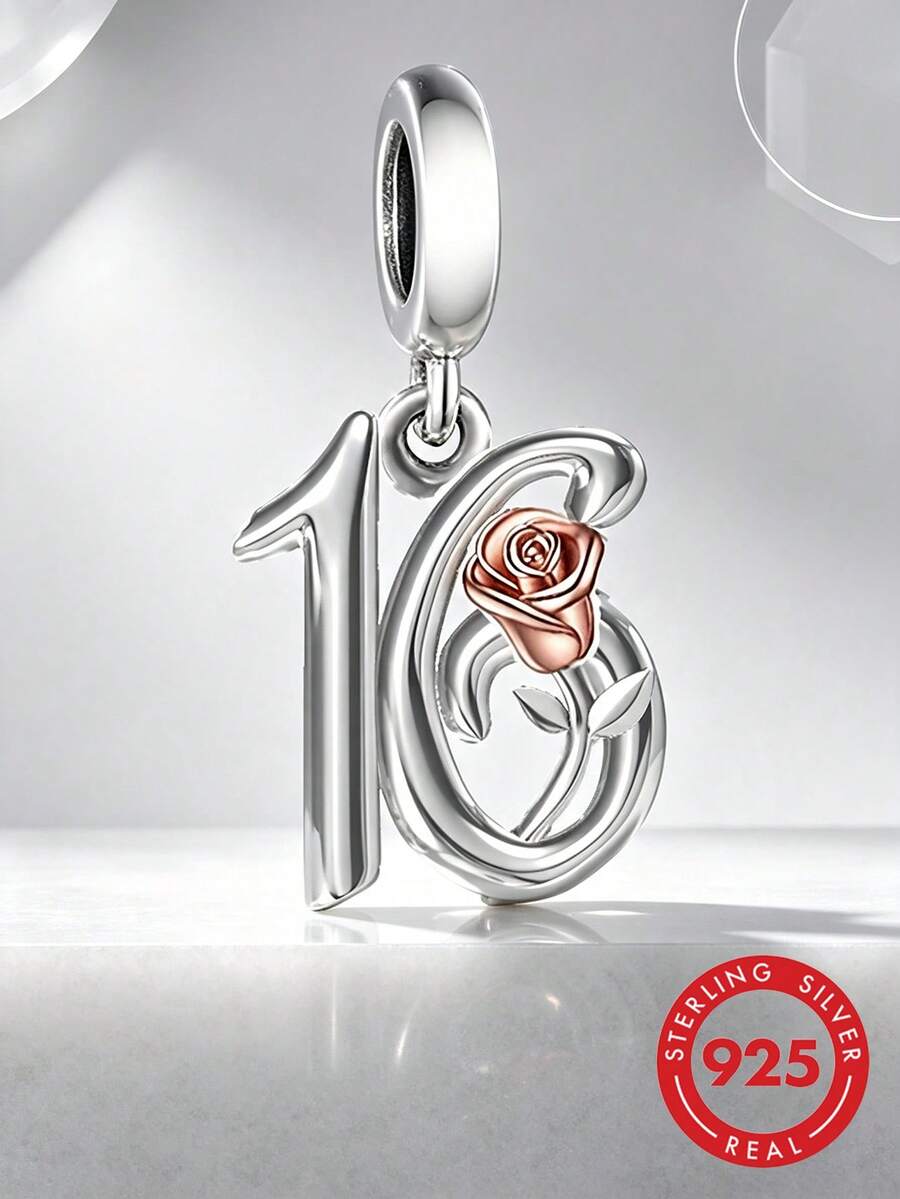 1pc Elegant 925 Sterling Silver Number 16 Pendant, Suitable As Birthday Gift For Men And Women - Silver - View 1