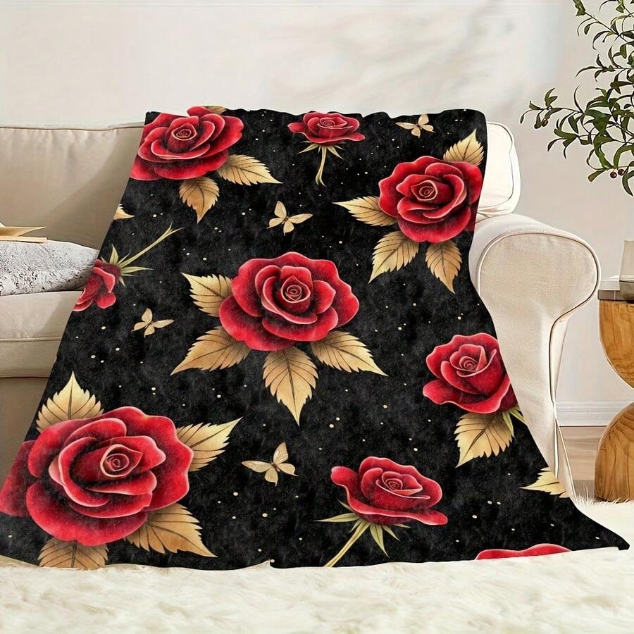 Red Rose Floral Fleece Throw Retro 70s Groovy Designer Fleece Blanket – Soft Thermal Insulated Design - Multicolor - View 1