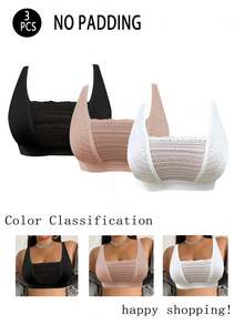 3pcs/Set Bra Kasual Nyaman Minimalis Ukuran Besar Wanita Motif Renda Patchwork Tanpa Kawat Lembut - MultiWarna - View 1