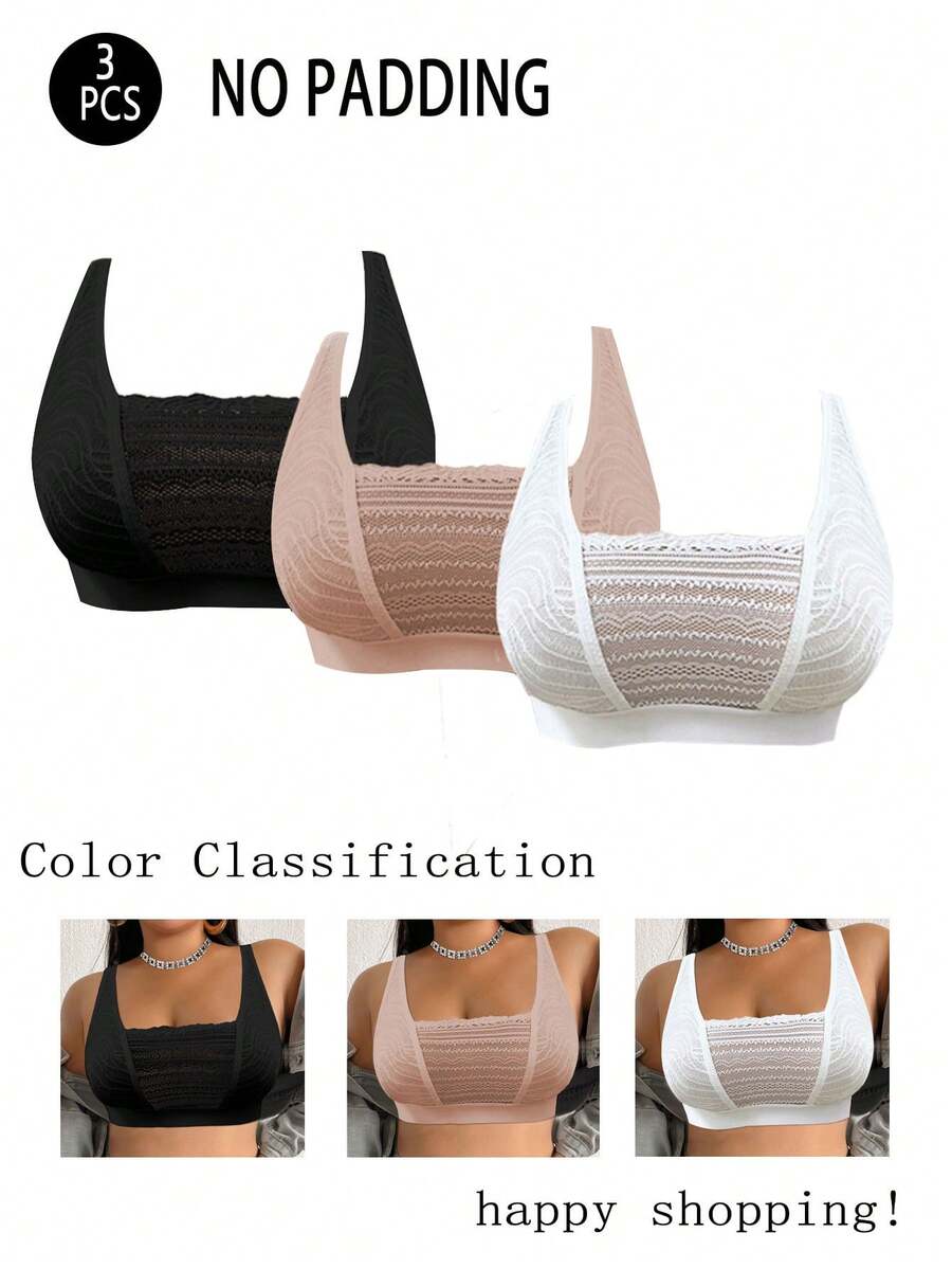 3pcs/Set Bra Kasual Nyaman Minimalis Ukuran Besar Wanita Motif Renda Patchwork Tanpa Kawat Lembut - MultiWarna - View 1