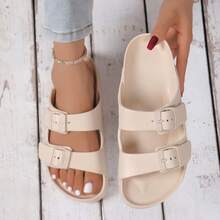 Women's Beige Sandals With Double Straps, EVA Slip-On Sandal With Buckle, Anti-Slip, Durable, Soft & Comfortable, Shock-Absorbing Outdoor Beach Slipper - Beige - View 7