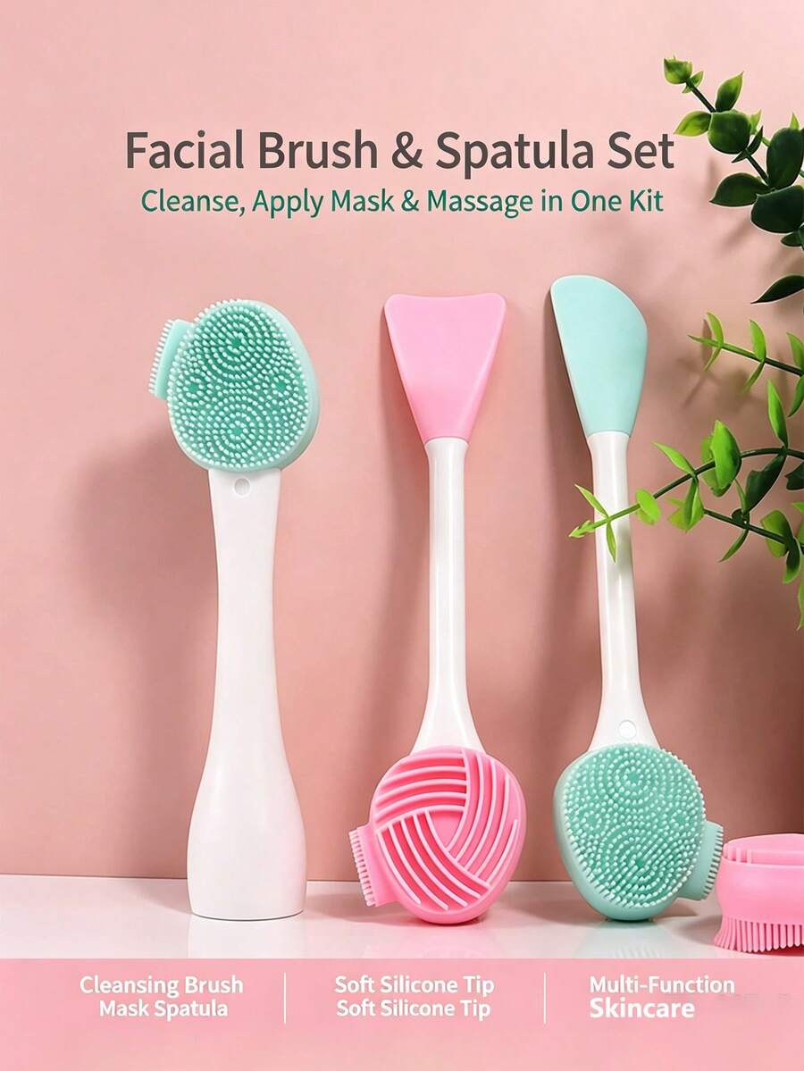 Sikat Pembersih Wajah Silikon Dua Ujung & Aplikator Masker Baru, Spatula Masker Lumpur Penghapus Makeup 2-in-1, Alat Kecantikan Perawatan Kulit - MultiWarna - View 1