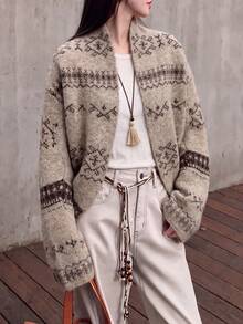 Women's New Autumn Designer Style Vintage Floral Pattern Cardigan Sweater - Khaki - View 1