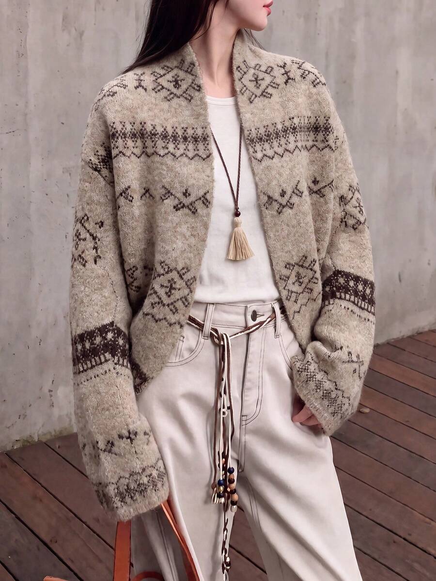 Women's New Autumn Designer Style Vintage Floral Pattern Cardigan Sweater - Khaki - View 1