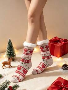 1 Pair Women's Socks Winter Heart Snowflake Christmas Tree Deer Pattern Thickened Thermal Lined Warm Anti-Slip Home Socks Suitable For Christmas, Pregnant Women, Daily Wear, Gift Giving - Multicolor - View 7