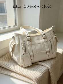 Metal Buckle Pendant Decor, Large Capacity Storage With Zipper Closure, Suitable For Daily Commute And Travel, Can Be Paired With Shoulder Strap For Multiple Carrying Styles, Casual Accessory Bag, Fits Various Outfit Styles Fashion Tote Bag - White - View 1