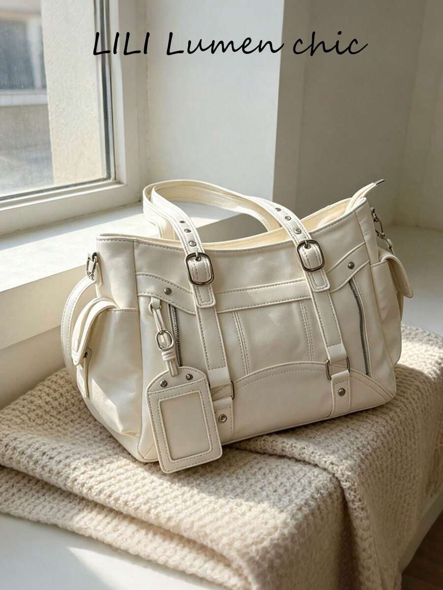 Metal Buckle Pendant Decor, Large Capacity Storage With Zipper Closure, Suitable For Daily Commute And Travel, Can Be Paired With Shoulder Strap For Multiple Carrying Styles, Casual Accessory Bag, Fits Various Outfit Styles Fashion Tote Bag - White - View 1