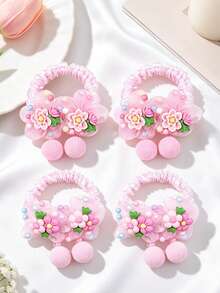 4pcs Girls Pink Flower Pom Pom Pendant Cute Hair Ties Suitable For Daily Use - Multicolor - View 8