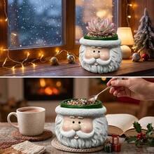 1 Pc Christmas Snowman Santa Claus Resin Succulent-Planter Pot With Drainage Hole, Cartoon Mini Flower Container For Small Succulents, Desktop Window Sill Holiday Home Office Decor - Elder - View 6