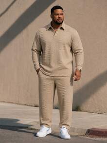 Men's Plus Size Polo Set, Autumn Solid Color Textured Fabric Casual 2-Piece Outfit - Khaki - View 1