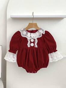 Christmas Baby Girl Lace Trim, Spring/Autumn Princess Party Bodysuit - Red - View 2