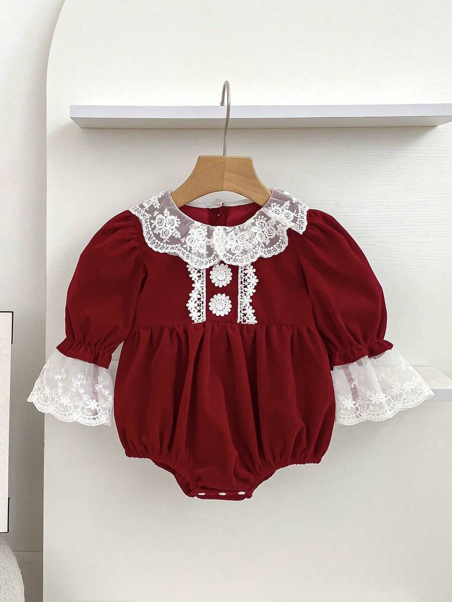 Christmas Baby Girl Lace Trim, Spring/Autumn Princess Party Bodysuit