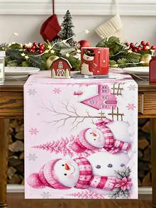 1pc Christmas Themed Table Runner, Pink Christmas Snowman & Poinsettia Theme, Merry Christmas, 35x180cm, Polyester Table Runner, Suitable For Christmas Holiday Table Center Decoration, Christmas Holiday Party Gathering Table Decor Tablecloth - Multicolor - View 5