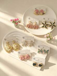 2/4/6/8 Pairs Abstract Curve Pearl Butterfly Earrings Set, French Vintage Gold Stainless Steel Enamel Dangle, Daily Date, Valentine Mother Gift - Gold - View 6
