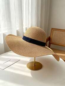 1pc Women's Wide Brim Straw Hat - UV Protection Summer Sun Hat With Black Ribbon - Foldable Beach Hat Suitable For Vacation Travel - Multicolor - View 5