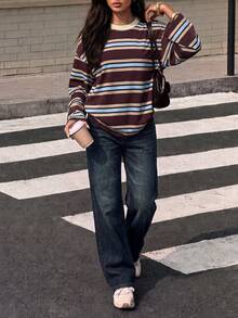 Women Fall Elegant Striped Crew Neck Long Sleeve Loose Tee, Color Block Stripe Print Casual Tops Daily Commute Holiday Festival - Multicolor - View 8