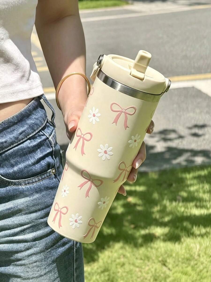 1個甜粉色蝴蝶結與雛菊不鏽鋼旅行杯，大容量長效保溫鎖溫吸管杯，柔和奶色調，溫柔療癒，握感舒適，方便攜帶，適合返校、萬聖節、聖誕節、送禮、日常通勤、開車、戶外、健身、全場景使用，網紅水壺，送給女孩與好友的溫馨節日禮物，真空保溫瓶與隔熱瓶，杯子，冷熱保溫瓶，附蓋與吸管杯，水壺，水杯，旅行杯 - 彩色 - 查看 1