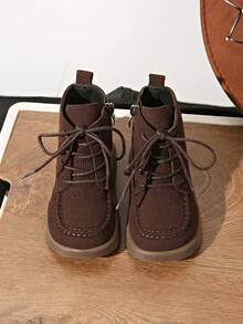 1 Pair Flat Children's Ankle Boots, Lace-Up Kids Boots, Brown Yellow, New Autumn/Winter Ankle Boots, PU Leather Children's Boots, Fashionable Outdoor Kids Shoes, Children's Boots, Boys' Shoes, Girls' Ankle Boots - Brown - View 2