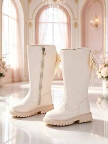 1 Pair White Girls' Pearl Bow High-Top Riding Boots, Soft PU Thick Sole Height-Increasing Inner Zipper Design, Fashionable Cute Princess Style Long Boots, Suitable For Daily School, Holiday, Party, Autumn/Winter New - White - View 6
