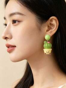 1 Pair Cartoon Cute Resin Cactus Earrings, Personalized Exaggerated Versatile Fashion Sweet Quirky, Suitable For Girls Dating, Vacation, Party, Gathering Outfit Wear - Multicolor - View 4