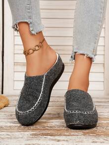 Vintage Tweed Closed-Toe Backless Slip-On Shoes, Handmade Stitched Thick Sole Slouchy Slippers - Dark Grey - View 3