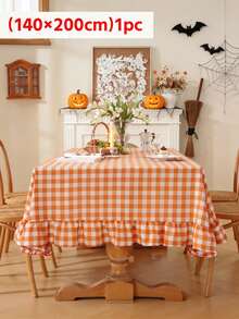 1pc Vintage Halloween Atmosphere Orange & White Plaid Ruffle Edge Tablecloth, Washable And Reusable, Suitable For Daily Home, Family Gathering, Holiday Party, Outdoor Picnic, Cafe Decor - Orange - View 11