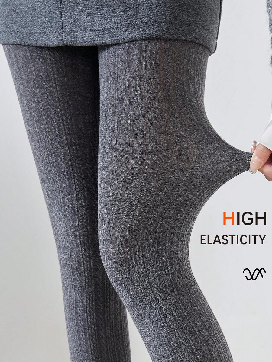 110g Vintage 3D Cable Knit Vertical Ribbed Tights, Autumn Women's Sweet Style Slimming High Elasticity Non-Snagging Versatile Leggings - Multicolor - View 1