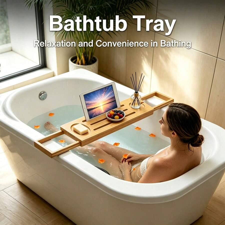 Expandable Bamboo Bathtub Tray With Non-Slip Feet & Wine Holder, Bathtub Tray Bath Tray Bath Tub Tray Wood Bathroom Tray Bath Accessories For Luxury Spa, Home Decor, Wooden Bath Caddy For Tub, Bathroom Vanity & Countertop Organization - Primary Color - View 1
