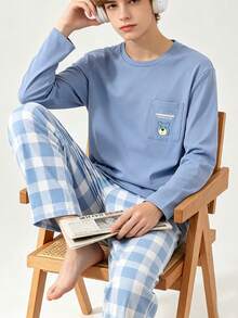Autumn/Winter Boy's Blue Bear Pattern Round Neck Long Sleeve+Checkered Pants Sleepwear 2 Pieces Set,Youth Leisure/Entertainment Home Clothes,Soft Fabric - Blue - View 1