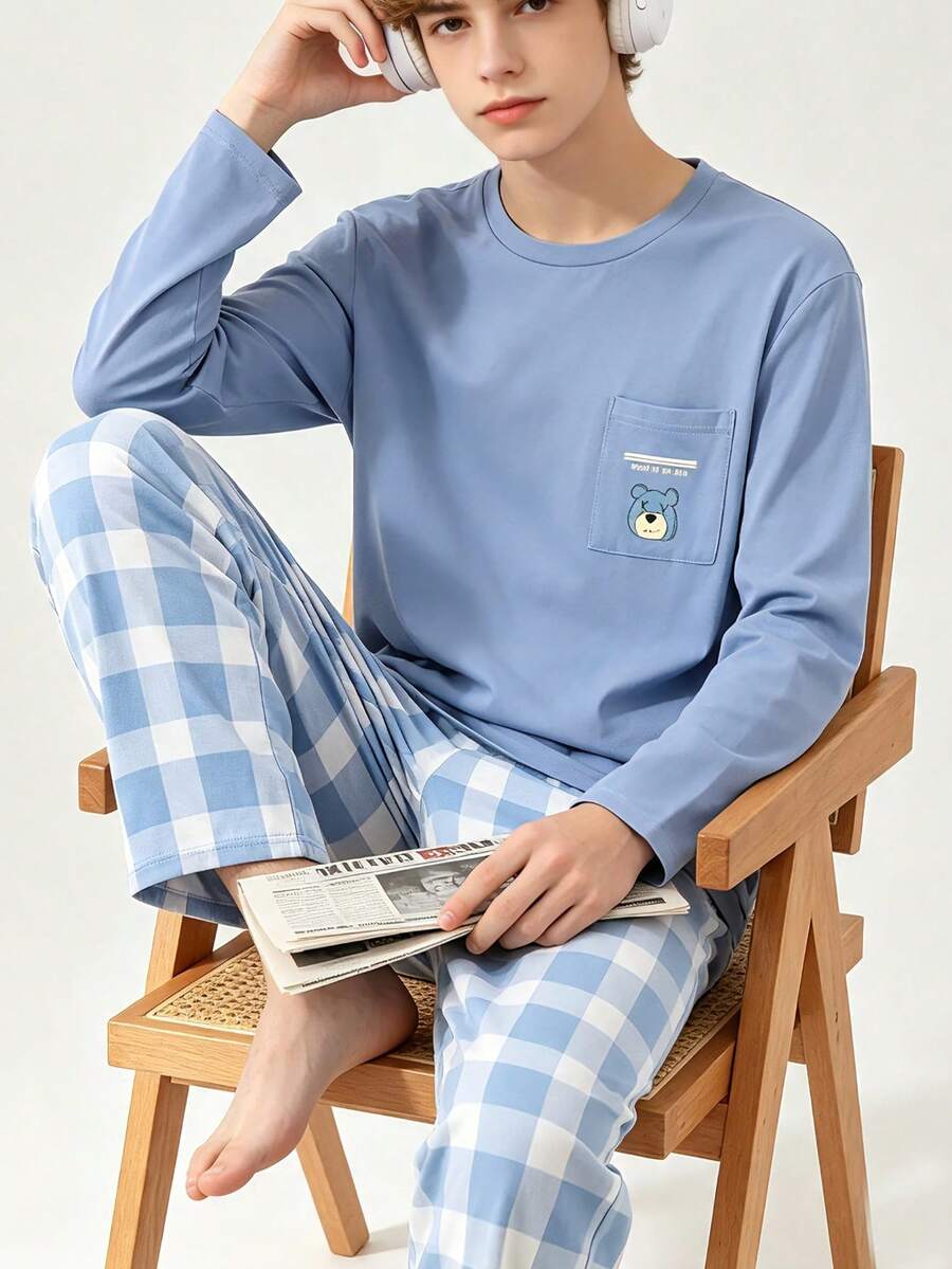 Autumn/Winter Boy's Blue Bear Pattern Round Neck Long Sleeve+Checkered Pants Sleepwear 2 Pieces Set,Youth Leisure/Entertainment Home Clothes,Soft Fabric - Blue - View 1