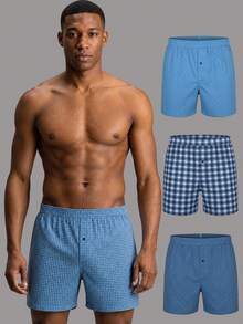 3pcs/Pack Men's Underwear, Polyester Fabric, Soft Plaid Pattern Design, Loose Shorts Style, With Button Fly, Suitable For Daily Wear - Multicolor - View 2