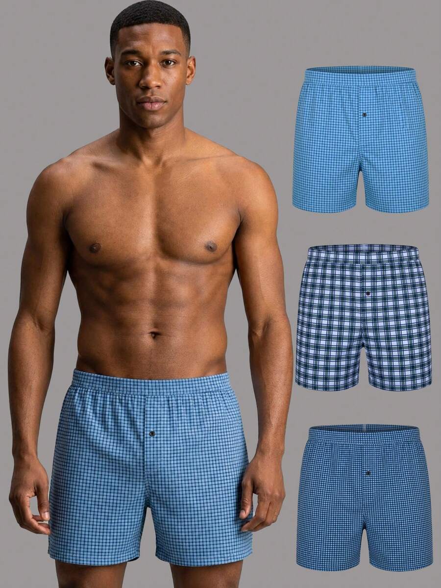 3pcs/Pack Men's Underwear, Polyester Fabric, Soft Plaid Pattern Design, Loose Shorts Style, With Button Fly, Suitable For Daily Wear