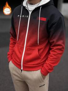 Men's Black To Red Gradient Zip-Up Sweatshirt With Paris Letter Print, Long Sleeve Casual Jacket Sports - Multicolor - View 1