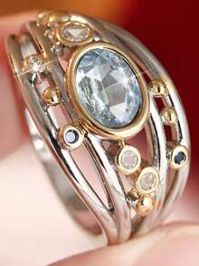 Gmzalx Vintage Luxury Hollow Multi-Layer Ring, Oval Transparent Synthetic Zirconia Women's Accessory, Suitable For Vacation, Party, Wedding, Holiday Gift - Multicolor - View 12