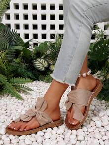 Women's Comfortable Rainbow Bow Decor Massage Bottom Flat Sandals, Colorful Beach Flip Flops,Spring Summer Outfits - Khaki - View 5
