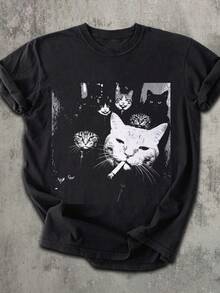Fun Gangster Cat Print T-Shirt, Suitable For Summer And Autumn, Perfect For Daily Wear Casual Black - Black - View 1