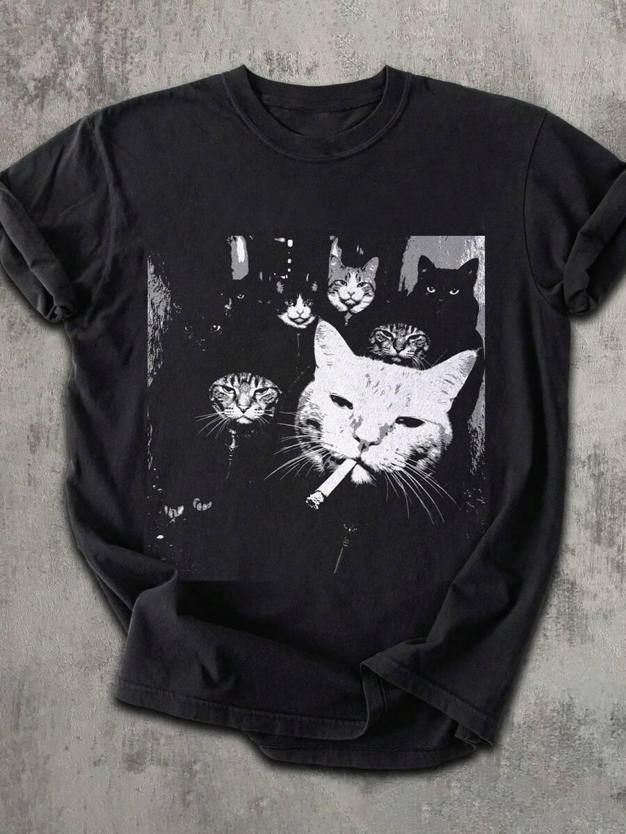 Fun Gangster Cat Print T-Shirt, Suitable For Summer And Autumn, Perfect For Daily Wear Casual Black - Black - View 1