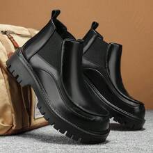 Men's High-Top Leather Riding Boots 2026 Winter New Black Lace-Up Thick Sole Casual Boots Slip-On Elastic Side Design Boots For Daily Commute Street Date Business Occasions Work Boots - Black - View 8